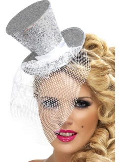 Mini Chapeau Burlesque Argent Avec Voilette